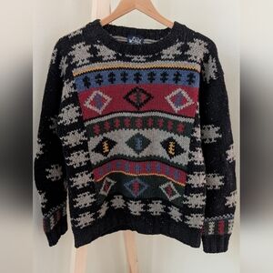 Vintage Woolrich Chunky Abstract Geometric Speckled Crewneck Sweater In Black